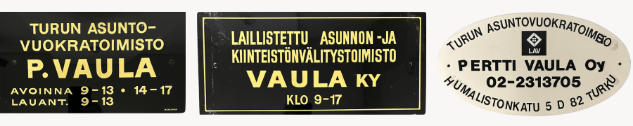 Kuvassa vuonna 1963 Pertti Vaula perustaman yrityksen - Turun Asuntovuokratoimisto, Pertti Vaulan - logoja.